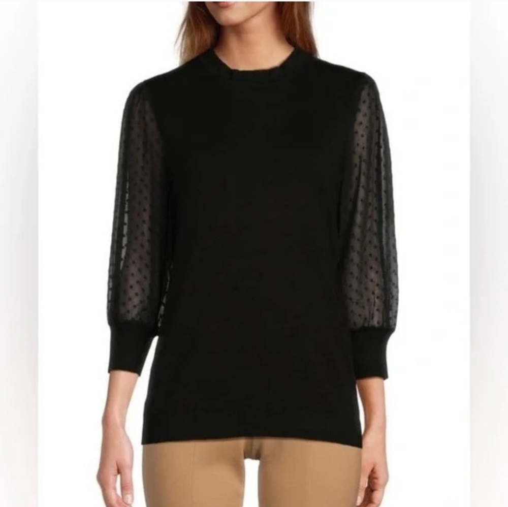 Adrianna Papell Black Sweater with 3/4 Sheer Swiss Dot Sleeves Size Large